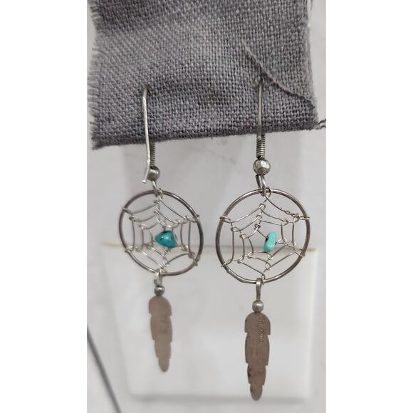Native American Silver Dreamcatcher With Turquoise Stone Feather Earrings 3" - Picture 2 of 3